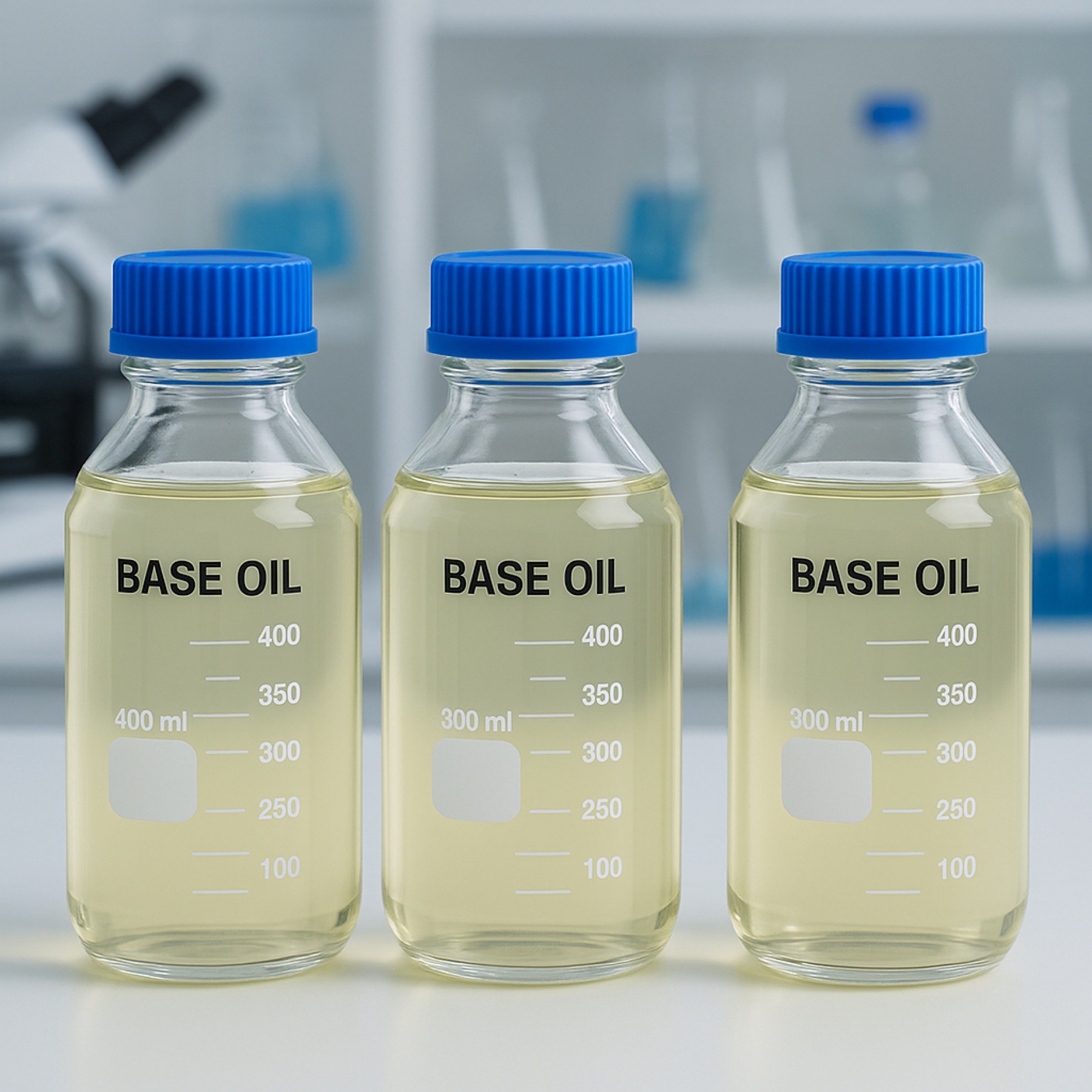 Base oil samples on a laboratory bench