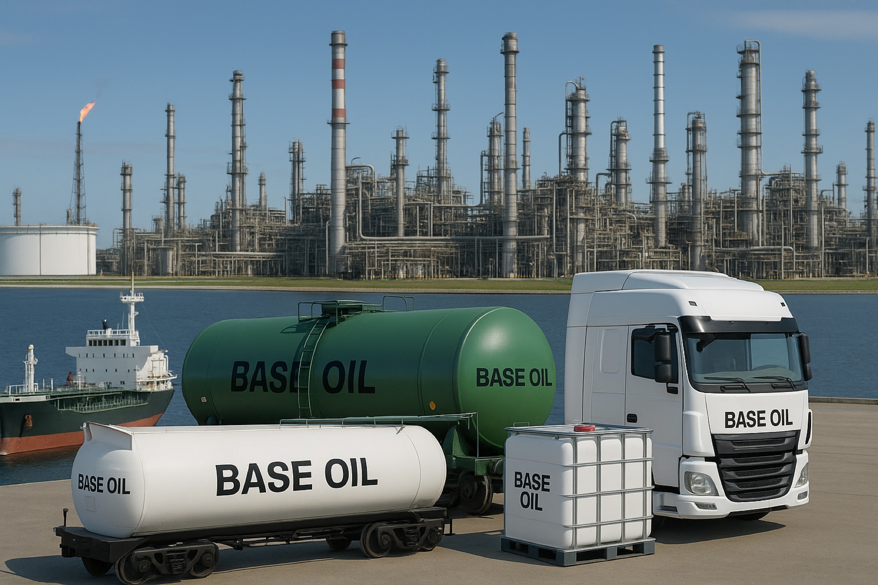 Rail tank car, road tanker and IBC containers at a base oil terminal